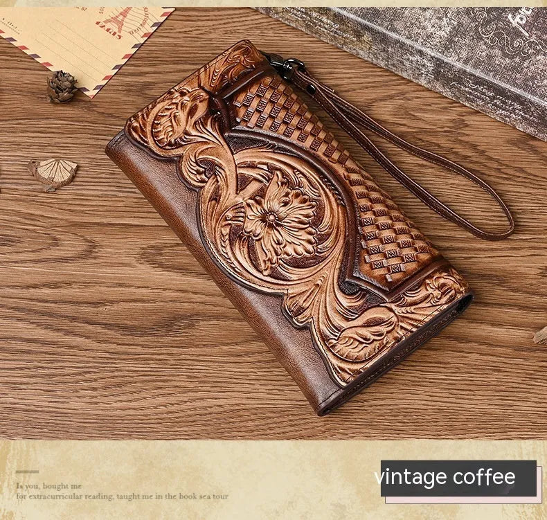 Chinese style brown embossed floral tri-fold women's wallet made from first layer cowhide, shown open and closed.