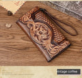 Chinese style brown embossed floral tri-fold women's wallet made from first layer cowhide, shown open and closed.
