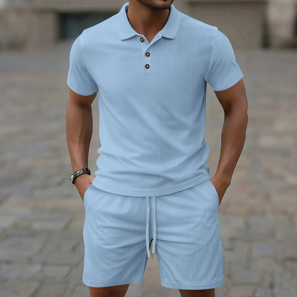 Men's light grey short sleeve Jacquard suit with matching casual shorts on a hanger