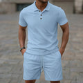 Men's light grey short sleeve Jacquard suit with matching casual shorts on a hanger