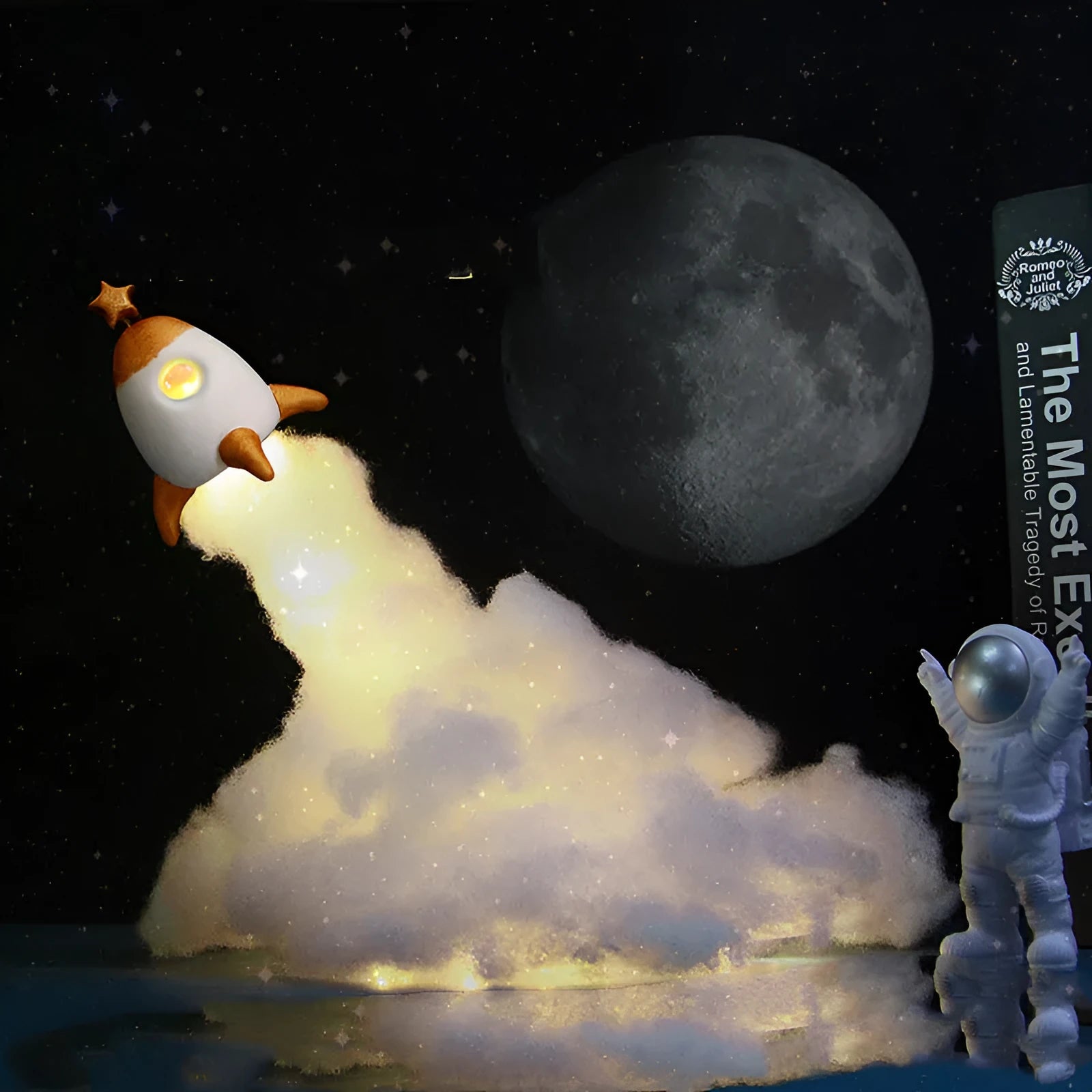 DIY Astronaut Rocket night light kit parts displayed with warm LED glow, showing rocket model, chassis, and string lights.