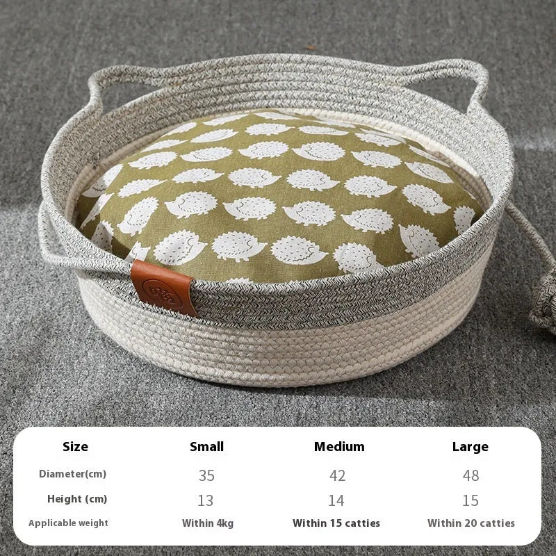 Woven cotton cat nest pet bed in brown, shown with a matching cushion inside.
