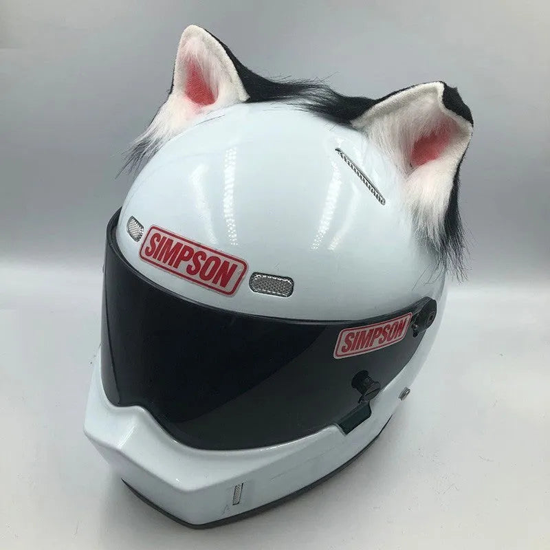 Set of black and white ABS wolf ears and matching tail for clipping onto a motorcycle helmet