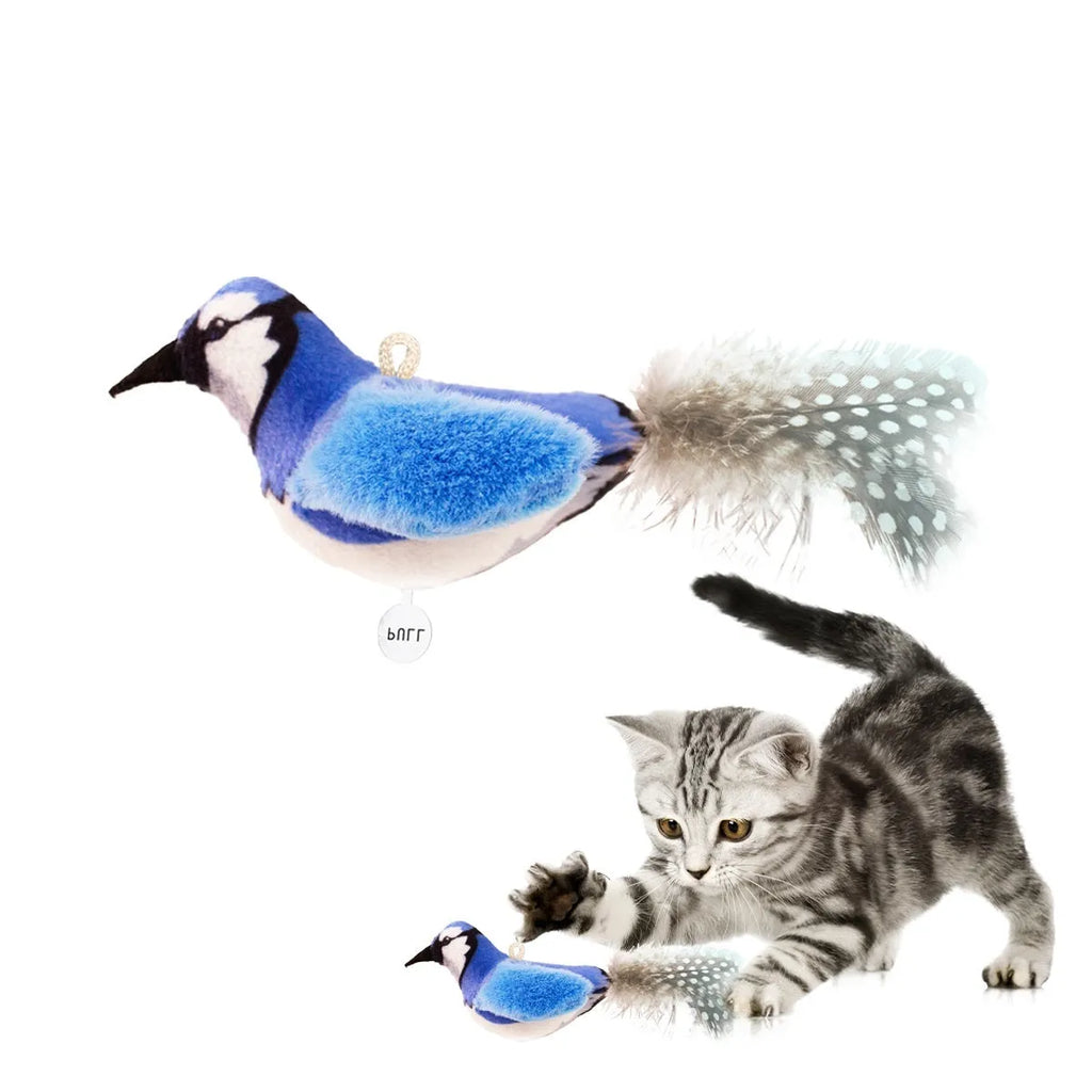 Plush bird simulation cat toy in blue kingfisher colour on a white background.