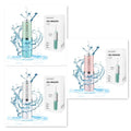 White portable oral irrigator with four nozzles and USB charging cable on a bathroom surface