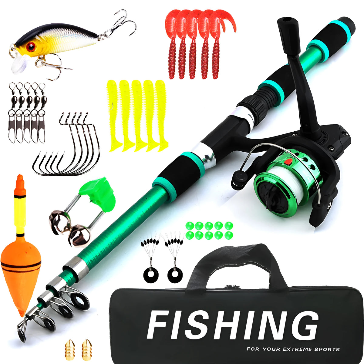 Children's fishing rod set with pole and wheel suit in green, red, yellow, and blue with bait accessory box pack