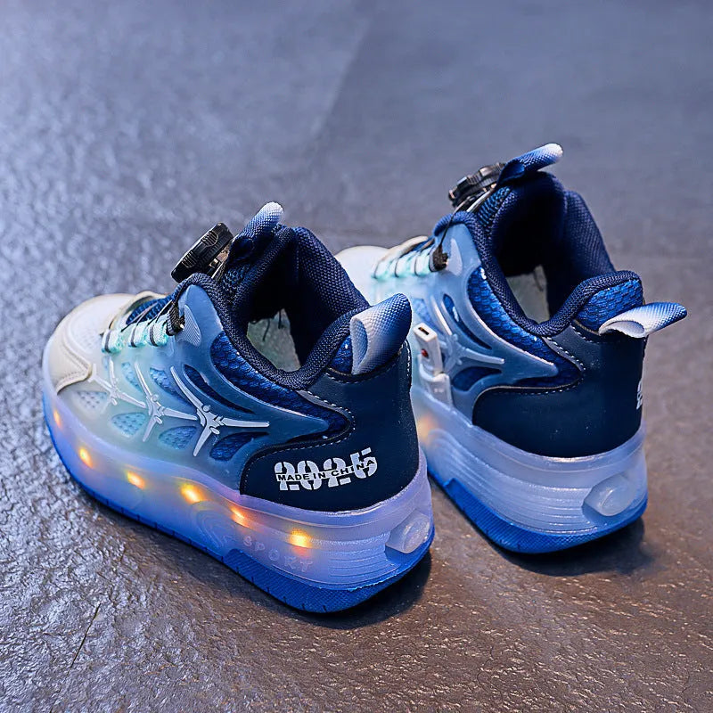 Children's flash knob roller skates in blue colour showing striped pattern and rotating button for height adjustment