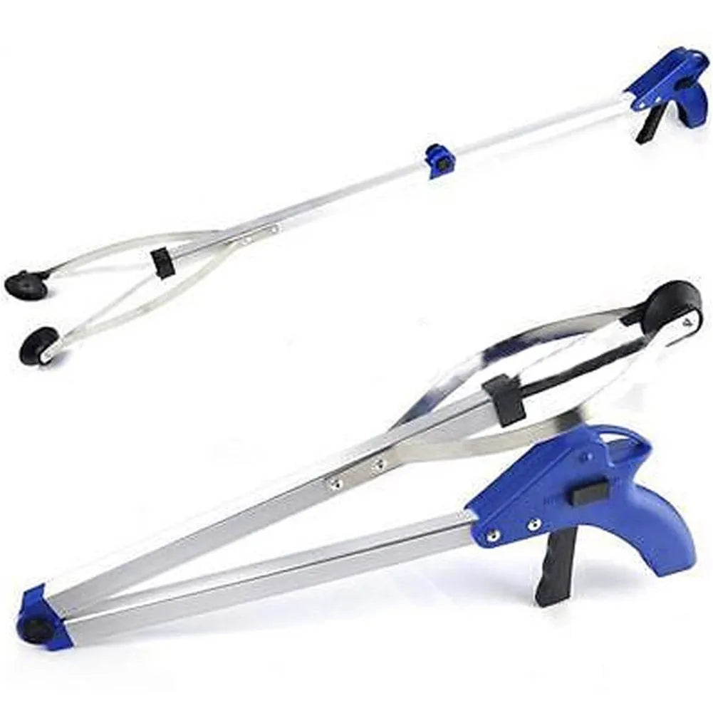 Aluminum alloy folding garbage clip with rubber chuck, extended to 81 cm, on a light background