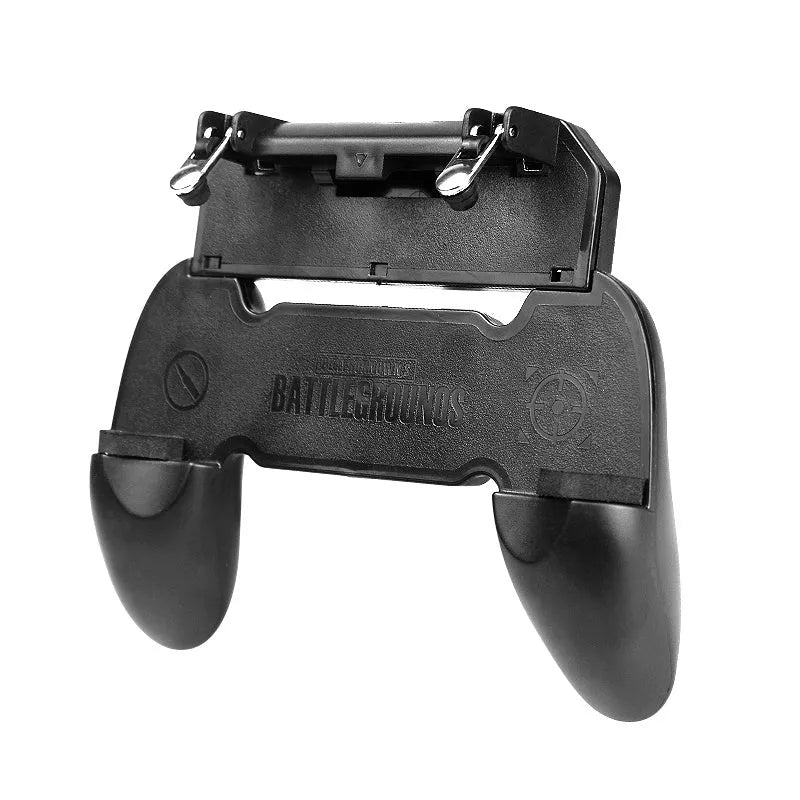 Black wired mobile phone game handle clamped onto a smartphone, showing physical buttons and 3.5mm plug.