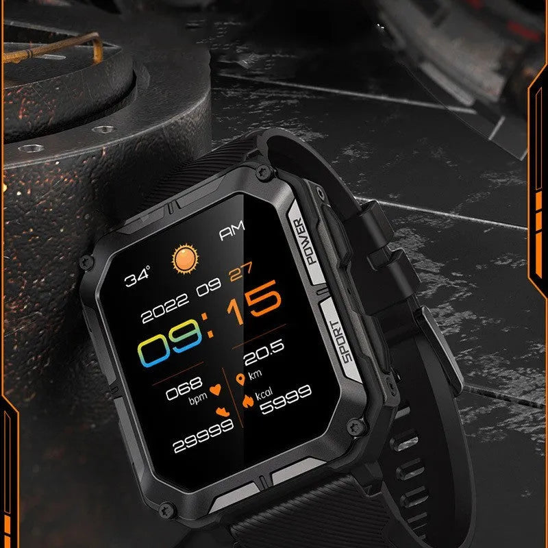 Sport smart watch with Bluetooth calling and TFT screen in black on wrist showing heart rate monitor