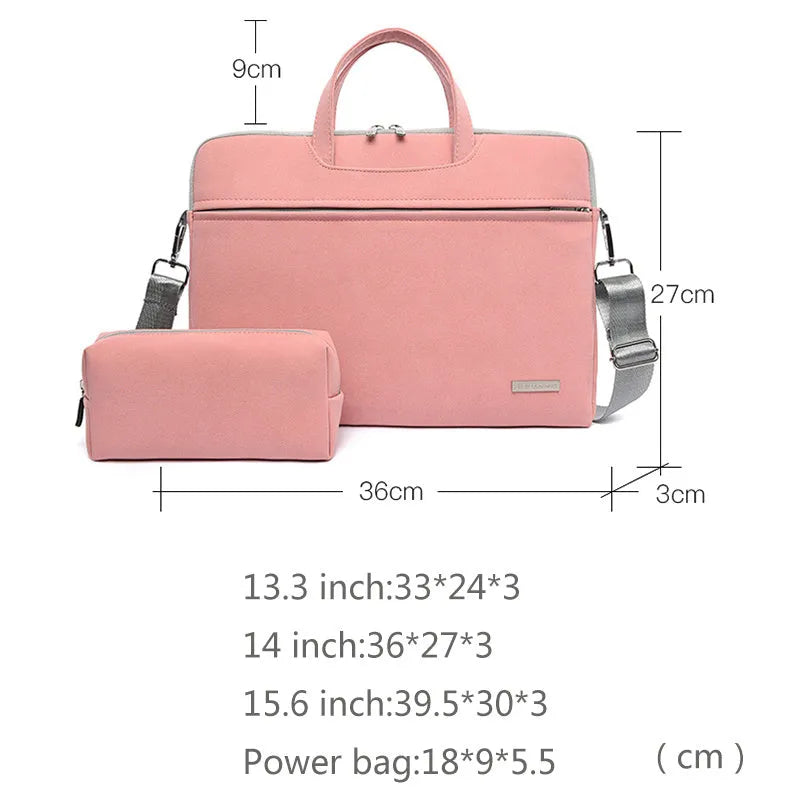PU leather laptop bag in Black on a table, with zipper closure and removable shoulder strap