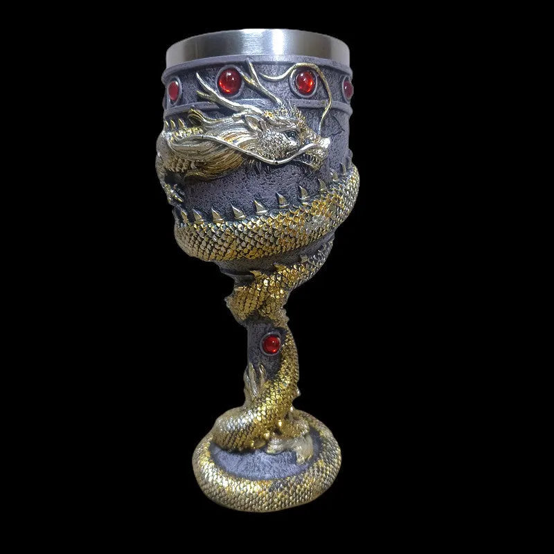 Red wine glass with 3D Chinese dragon design in stainless steel and resin, 200ml capacity in gold colour