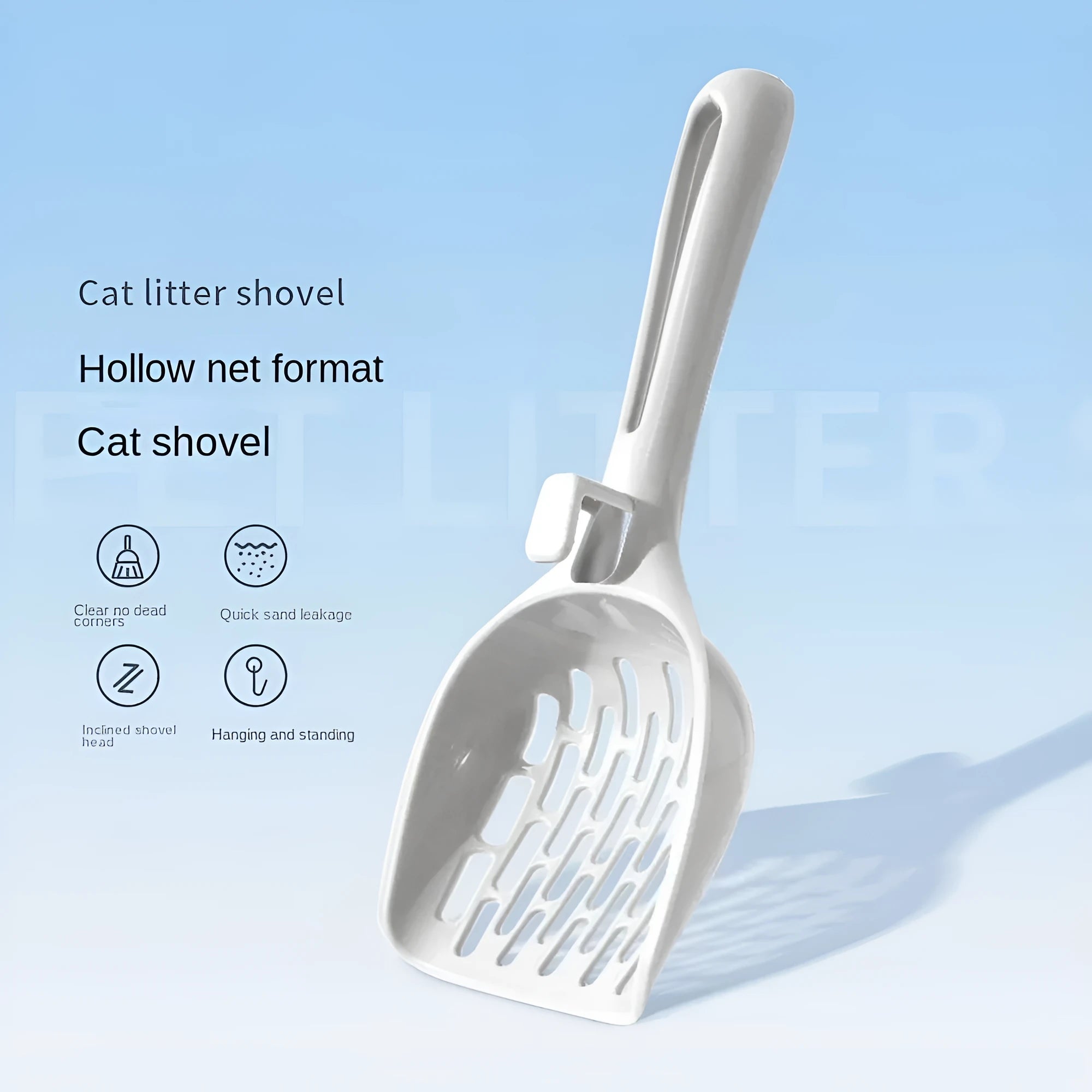 Grey plastic cat litter scoop with detachable base stand showing drainage slots