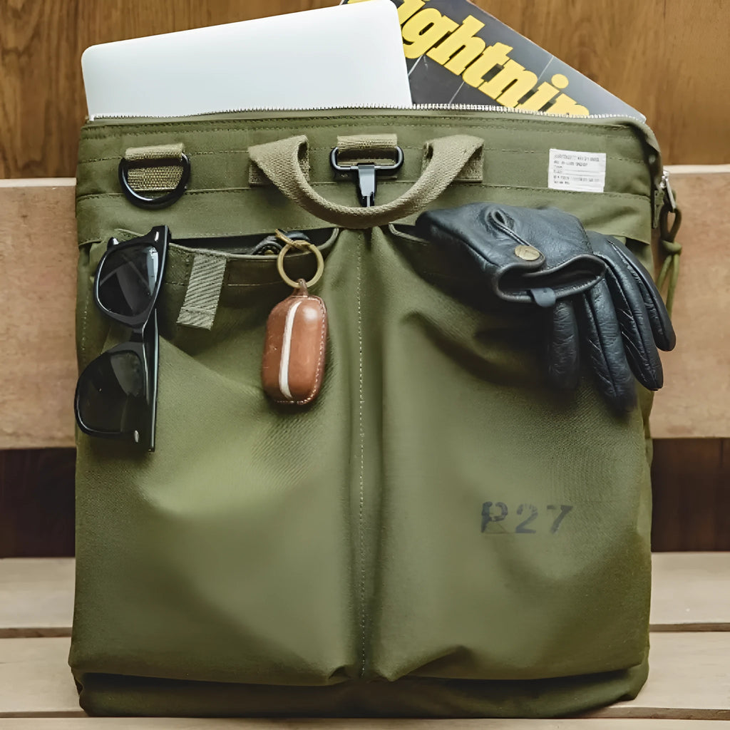 Medium canvas crossbody messenger bag in military green colour with laptop compartment and phone pocket