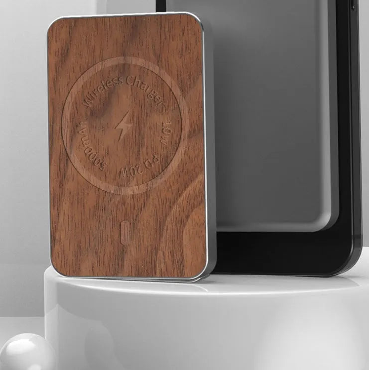 Khaki coloured alloy wireless charging power bank showing compact size and USB port