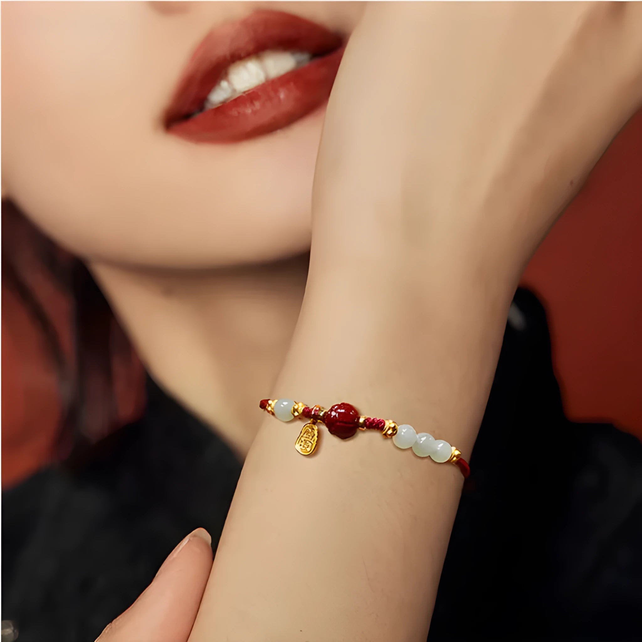 Women's adjustable 925 silver Hetian jade bracelet with cinnabar red rope chain