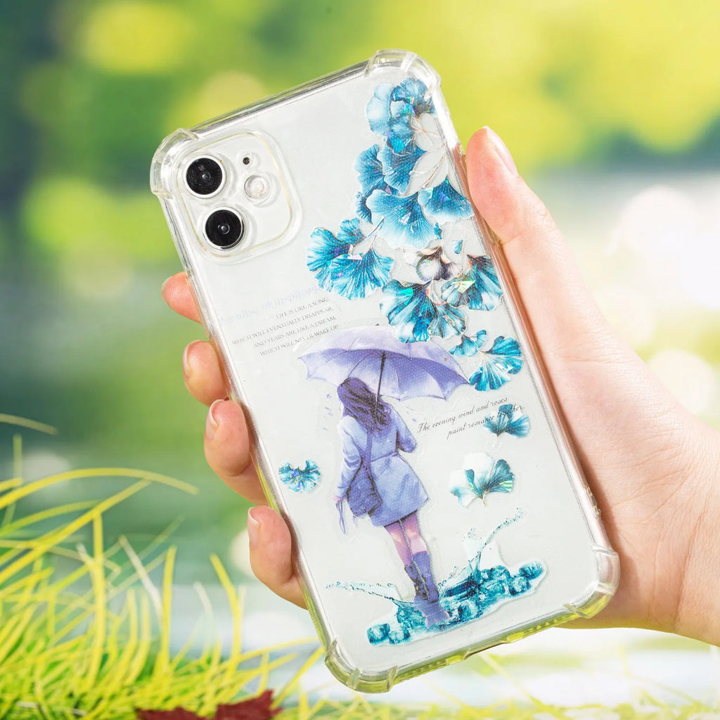 Roll of 40mm wide decorative PET stickers showing six leaf and nature designs including ginkgo and maple motifs.