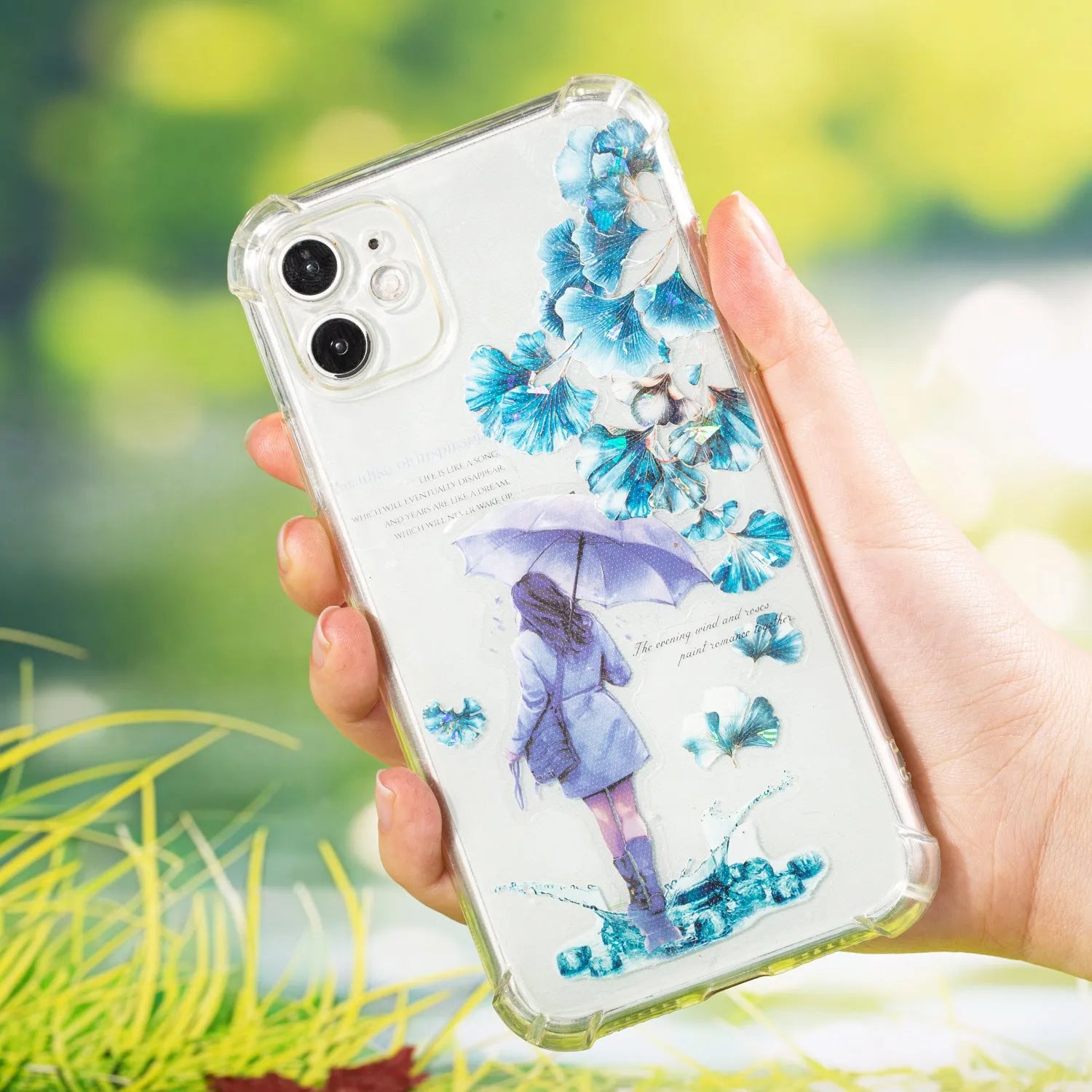 Roll of 40mm wide decorative PET stickers showing six leaf and nature designs including ginkgo and maple motifs.
