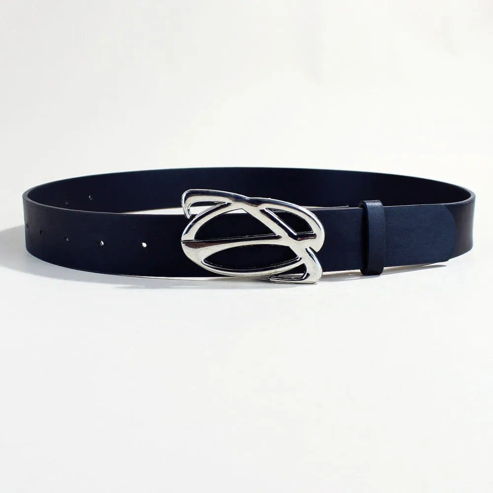 PU leather casual belt with silver alloy buckle showing snap button fastening mechanism