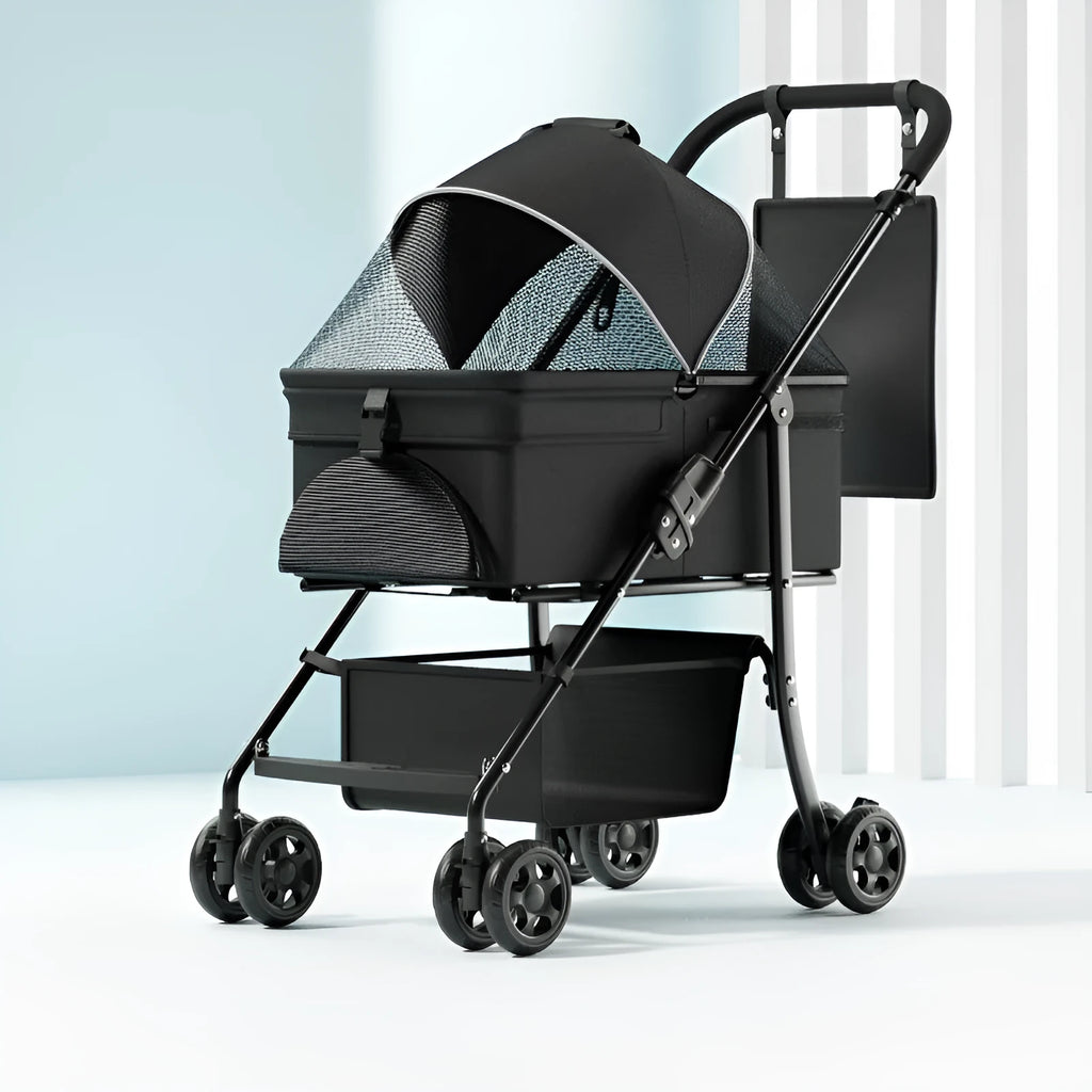 Black metal folding pet cart with removable pet car component