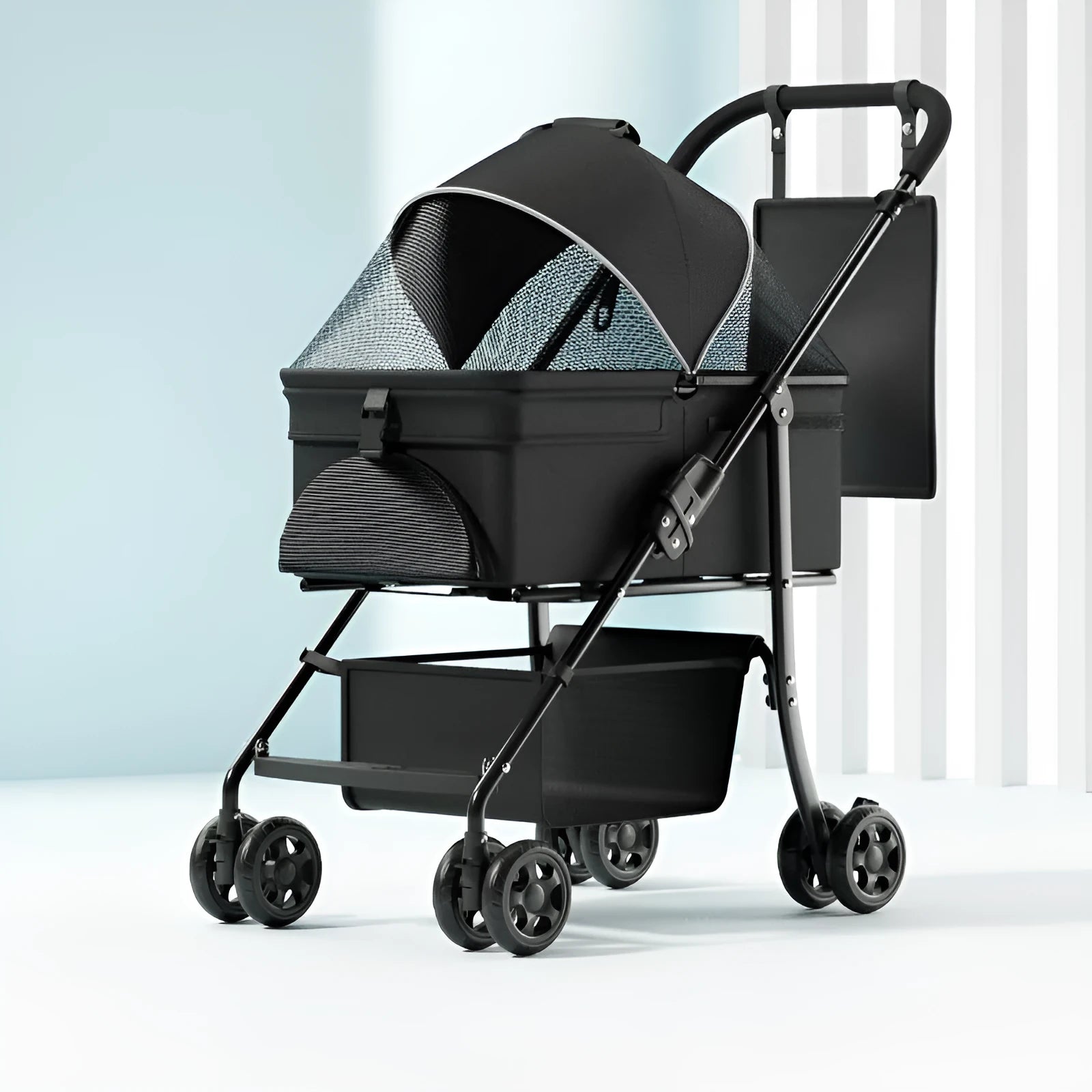 Black metal folding pet cart with removable pet car component
