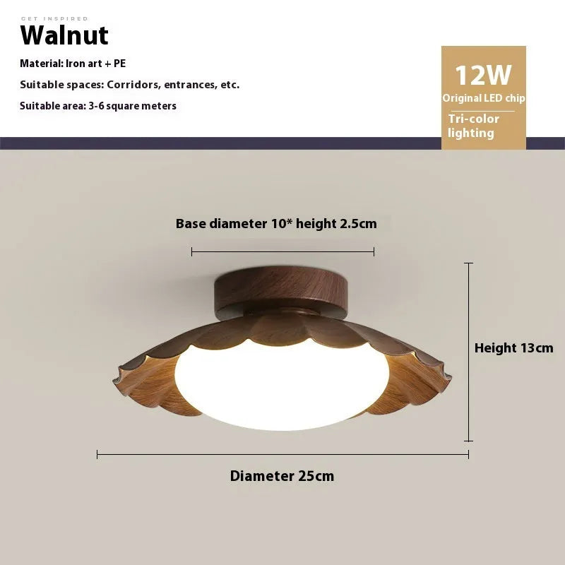 Round 25 cm mid-ancient silent balcony LED ceiling light in beige iron and acrylic shade on white ceiling