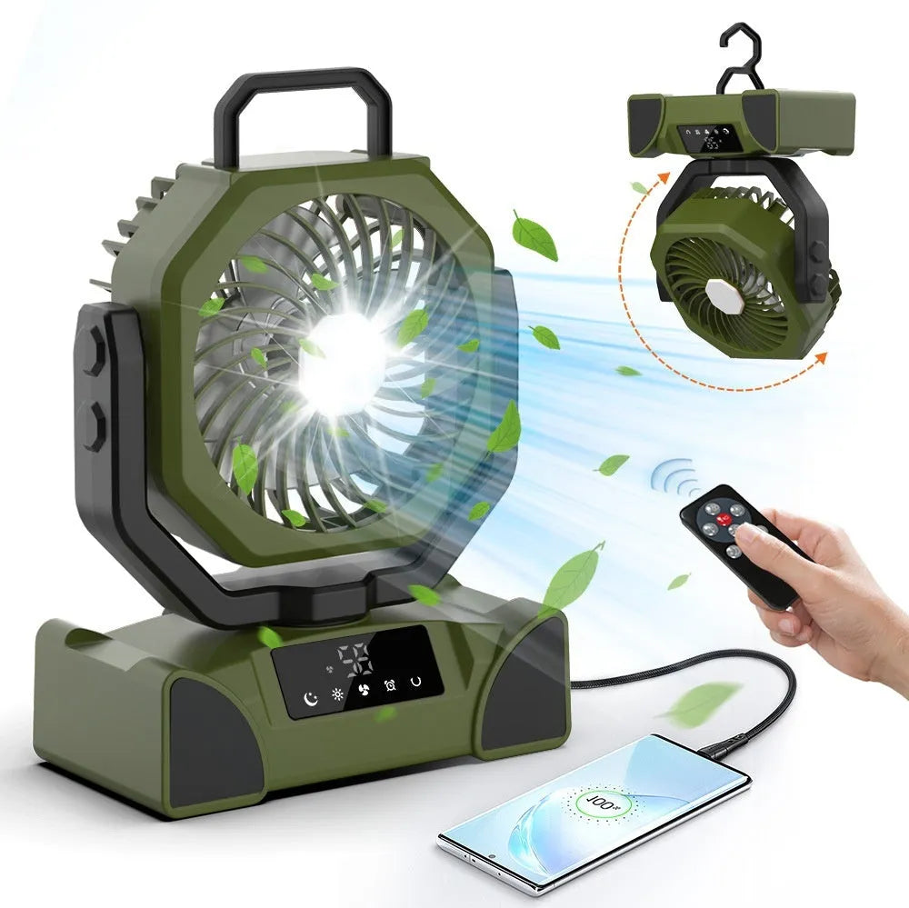 Outdoor solar emergency fan with digital display, remote control, orange F14 model, 207x108x260mm