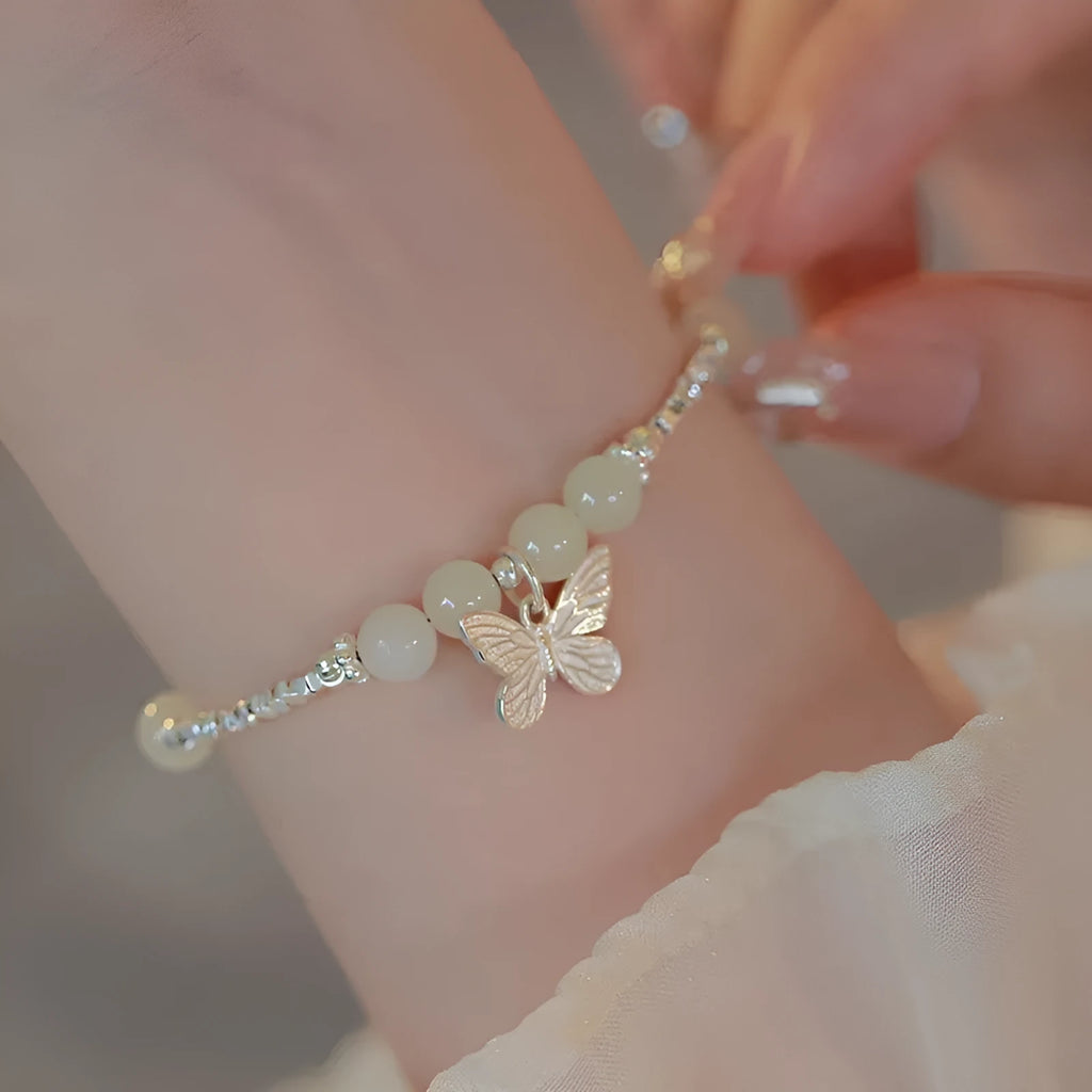 Hetian jade silver butterfly jewellery set for women with bracelet and necklace