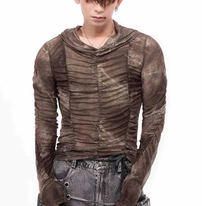 Boys' lightweight ice silk bottoming shirt with printing and pleating details in polyester fabric