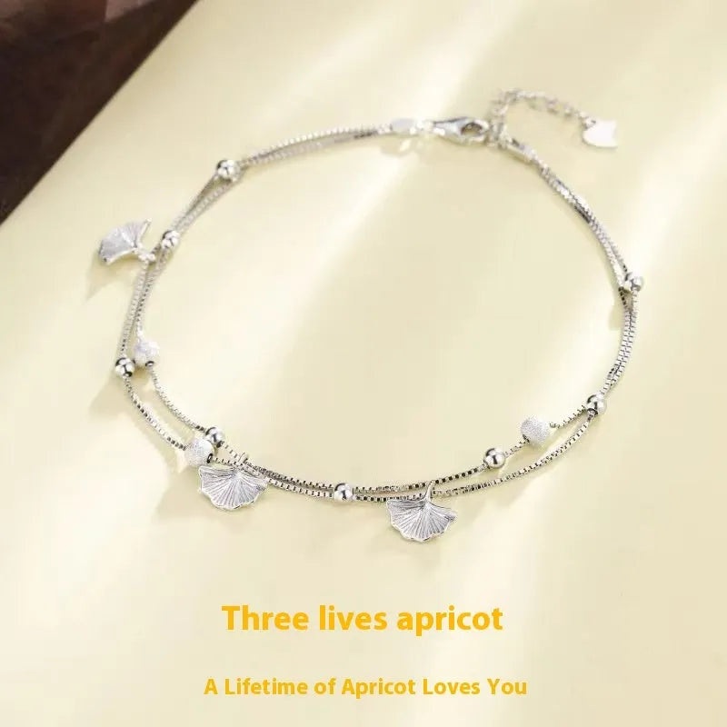 Silver plated ginkgo leaf anklet for women, simple flower shape on white copper base