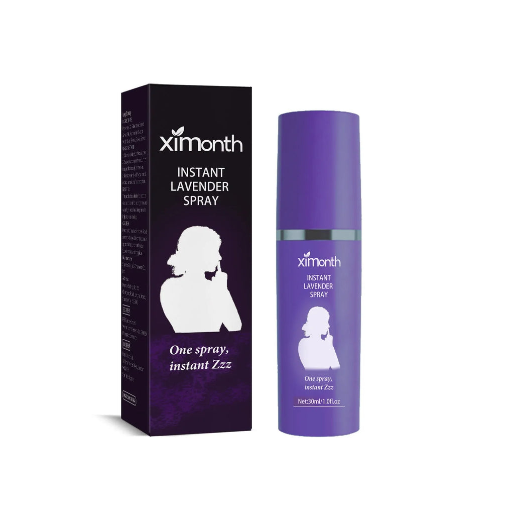 Lavender sleep spray 30ml bottle with spray nozzle on a calm bedroom background