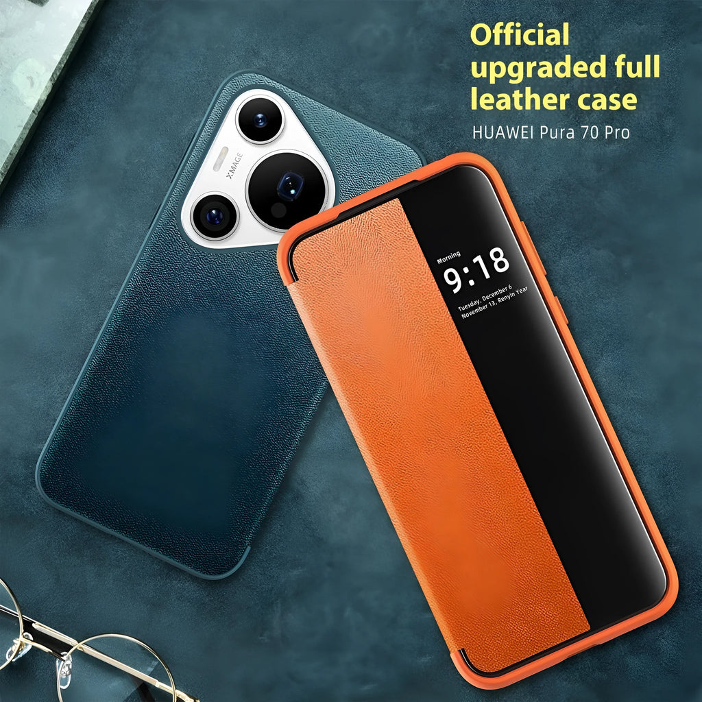 Purple smart sleep window flip phone case for Huawei with imitation leather and soft edging