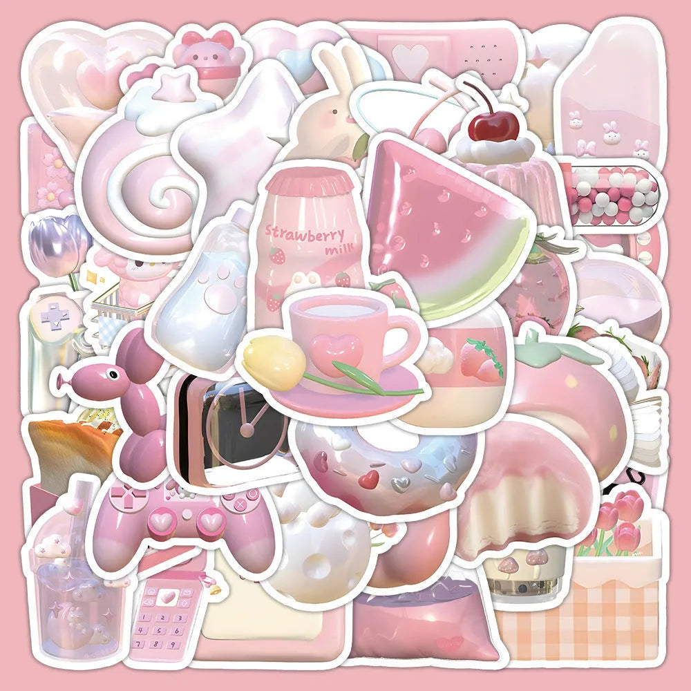 Pack of 63 pink girl heart decorative stickers with a realistic 3D effect and cute style.