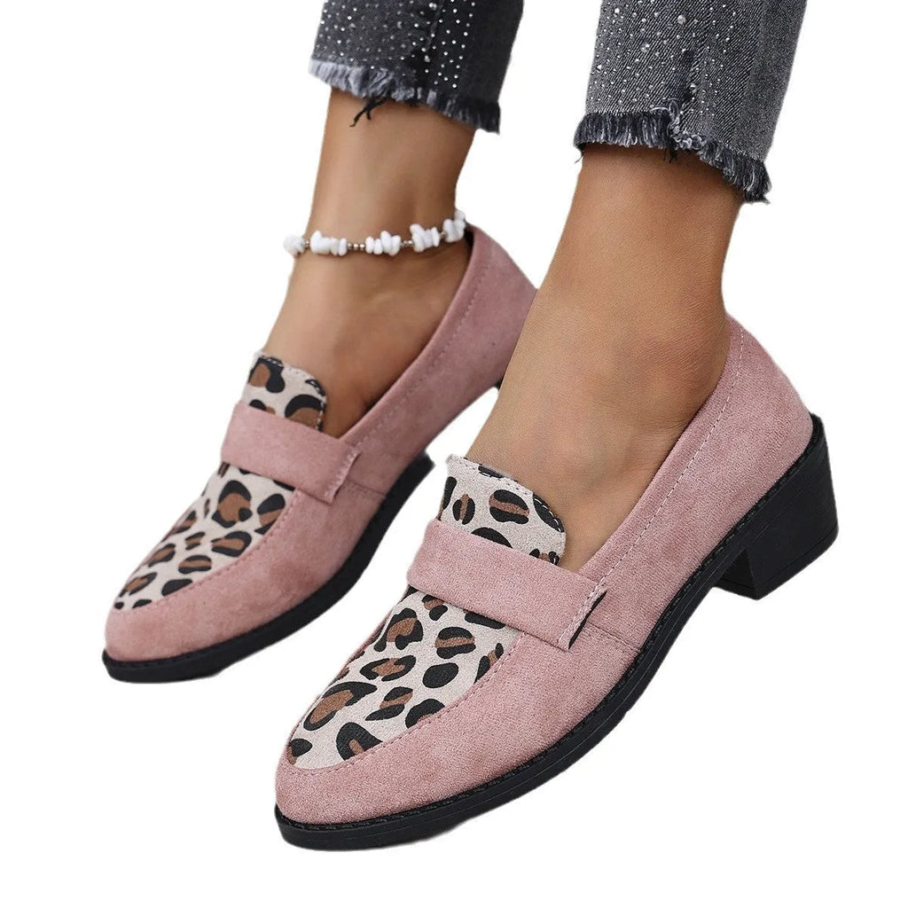 Leopard print suede slip-on shoes with pointed toe and chunky rubber sole in brown