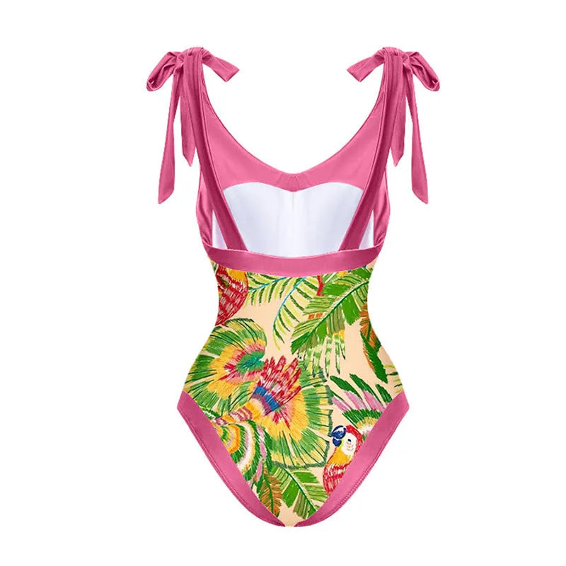 Retro floral print one-piece swimsuit with V-neck design and thin attached skirt
