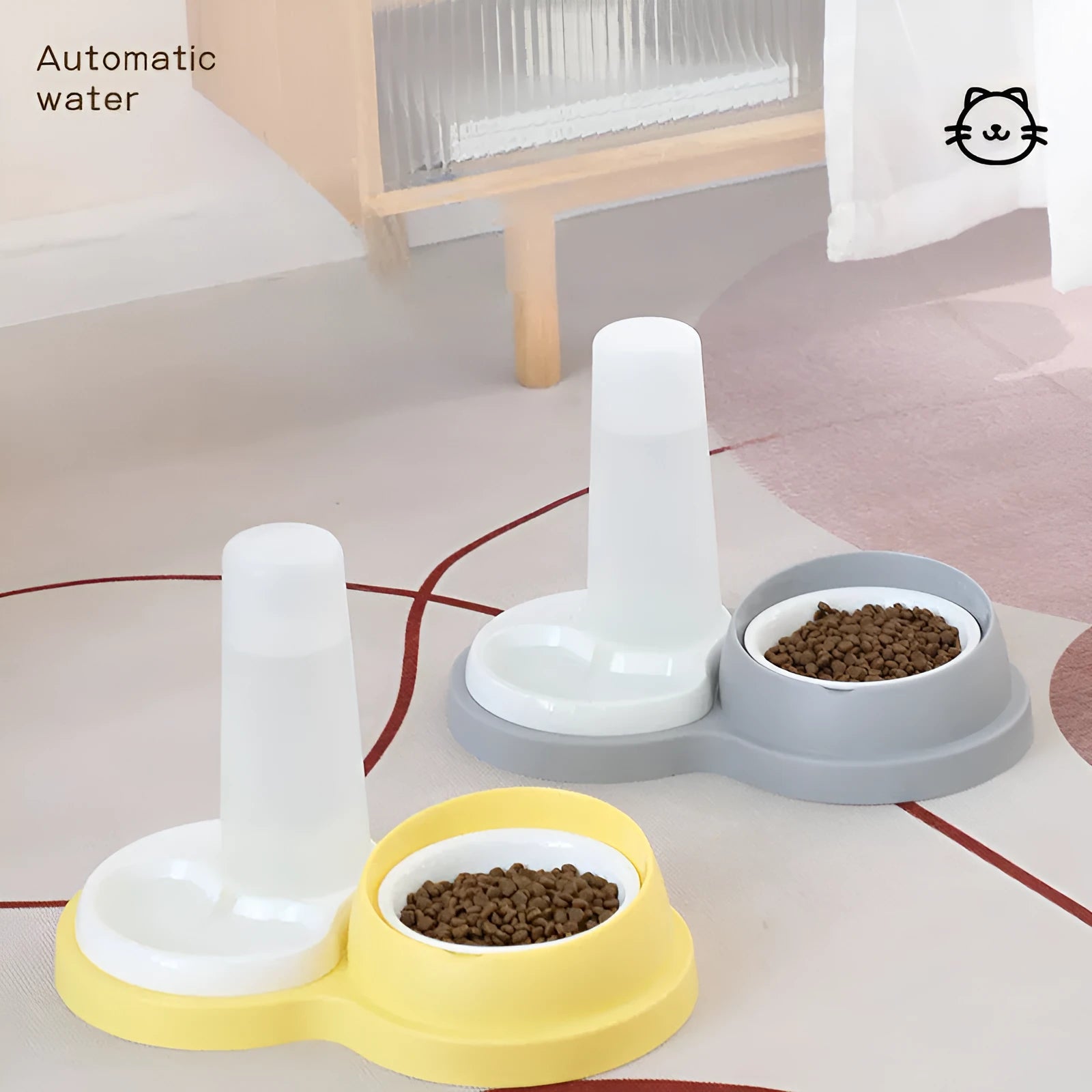 Grey and yellow double pet feeding bowl with separate food and water compartments measuring 26cm