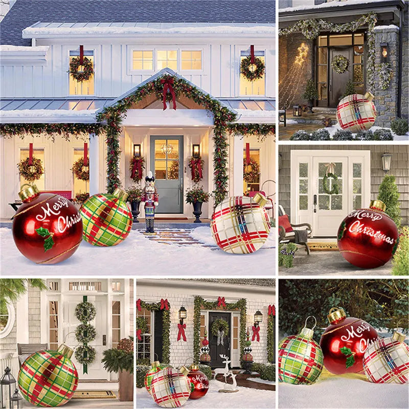 Large 60cm diameter inflatable PVC Christmas decoration ball in bright colours for outdoor use.
