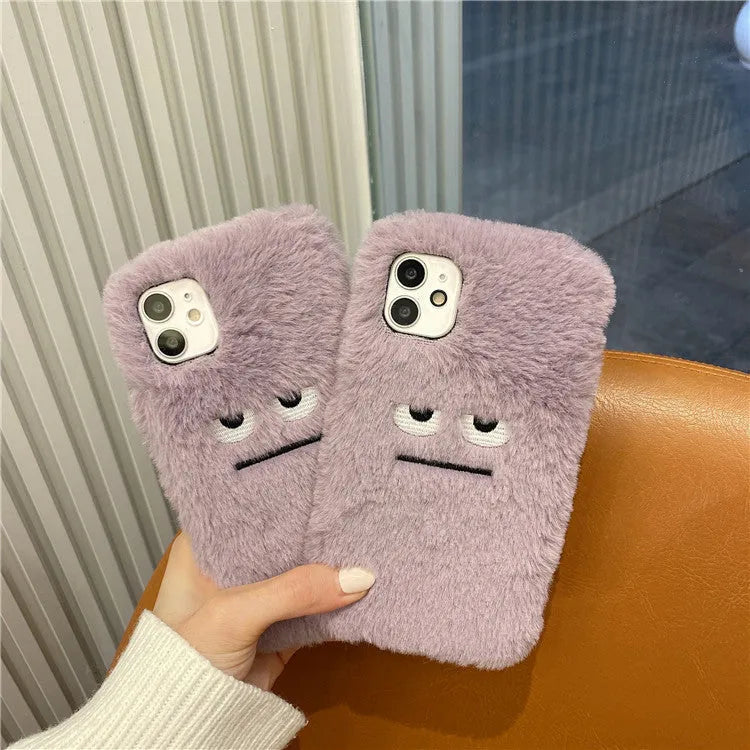 Fashion simple plush phone case cover in purple with funny emoticon design for iPhone