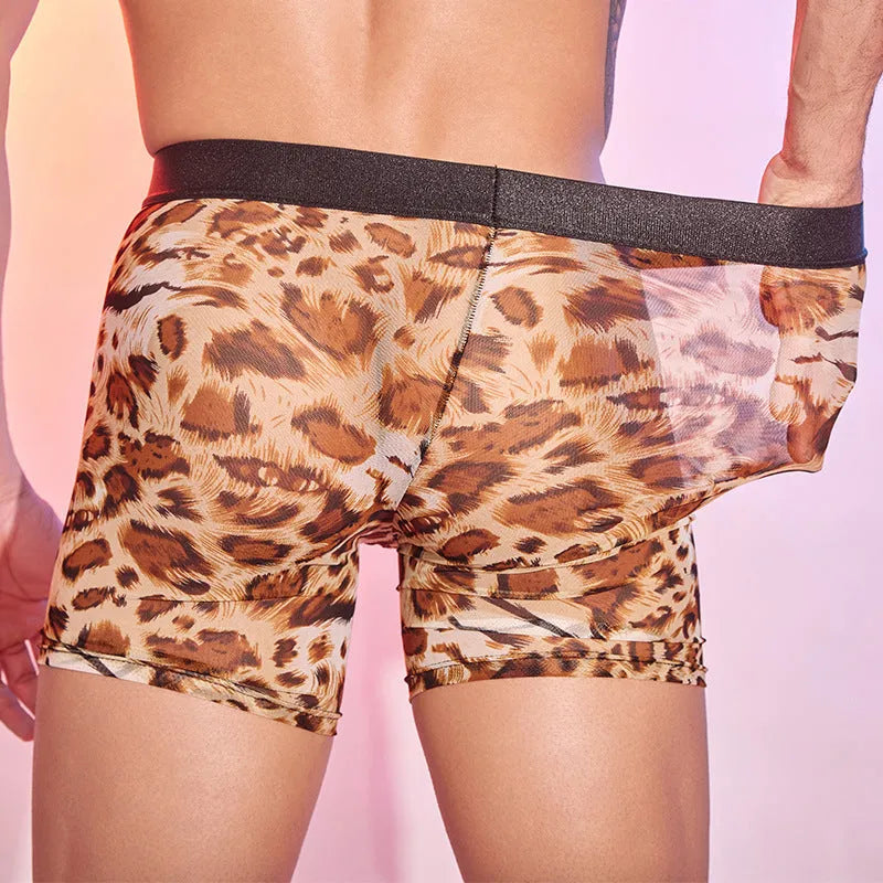 A pair of men's leopard print boxer shorts in free size made from nylon fabric.