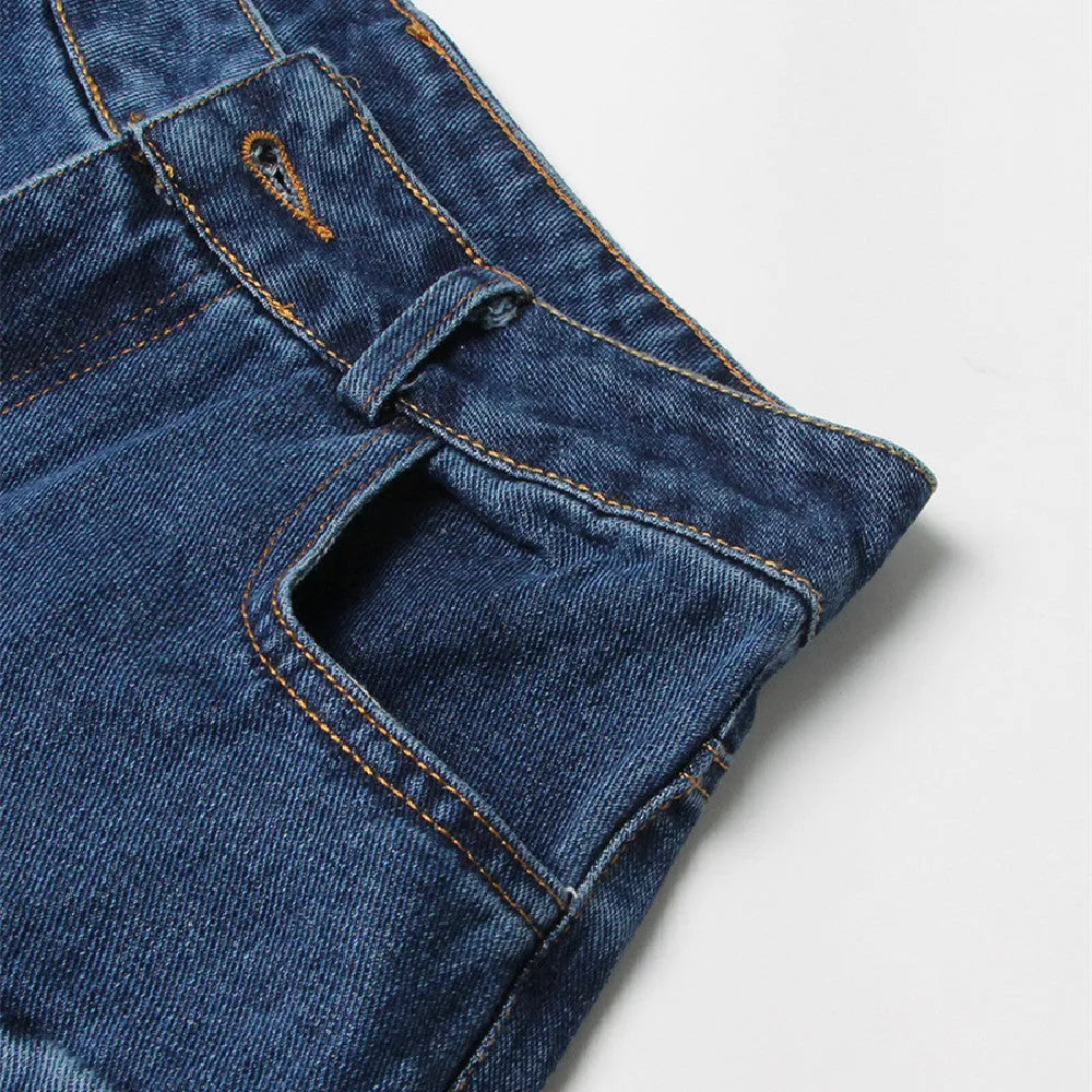 Women's blue baggy wide leg cotton denim jeans with multi-pockets, European style
