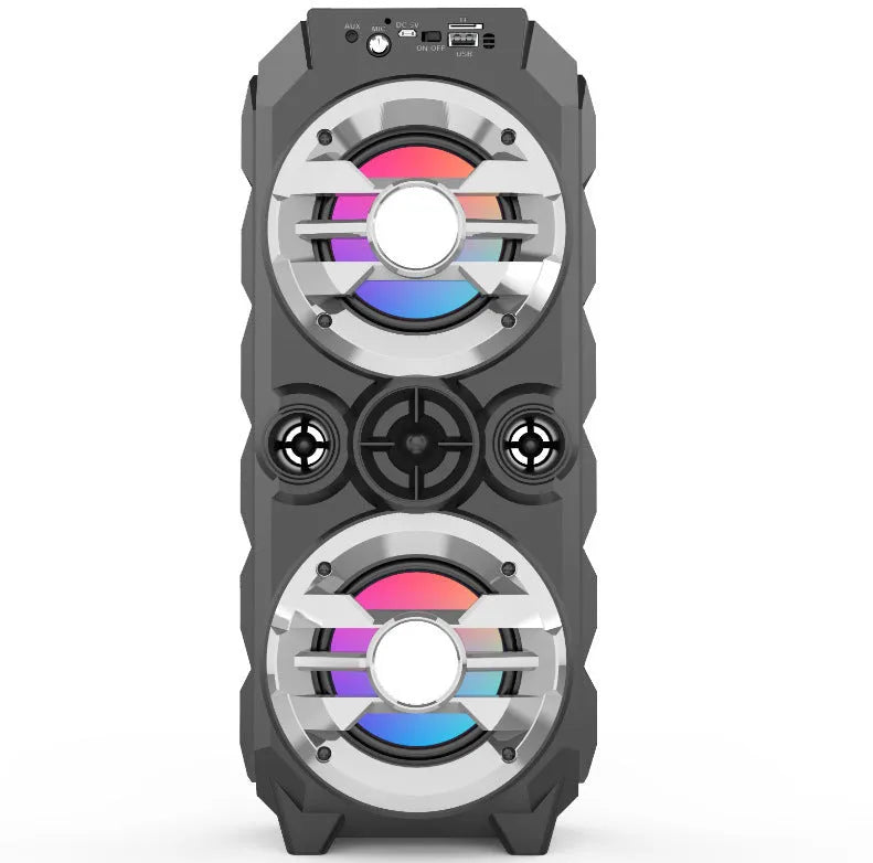Portable Bluetooth speaker with colourful LED lights in blue, red, or silver grey with push-pull rod design
