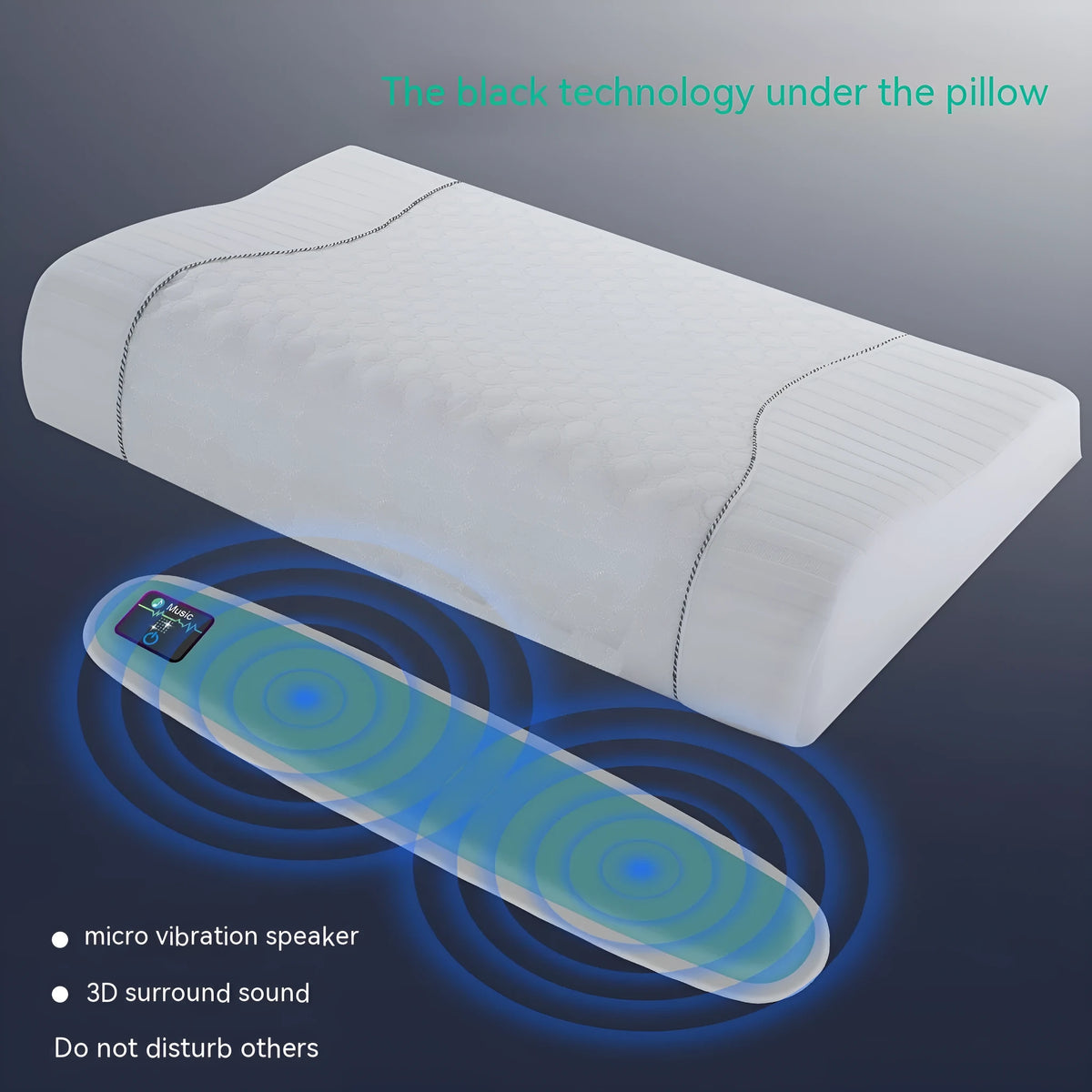 Blue bone conduction music pillow speaker with rectangular memory cotton pillow and Bluetooth 5.0