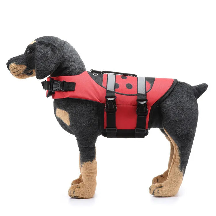 Pet life jacket swimsuit for dogs in blue with adjustable straps on white background