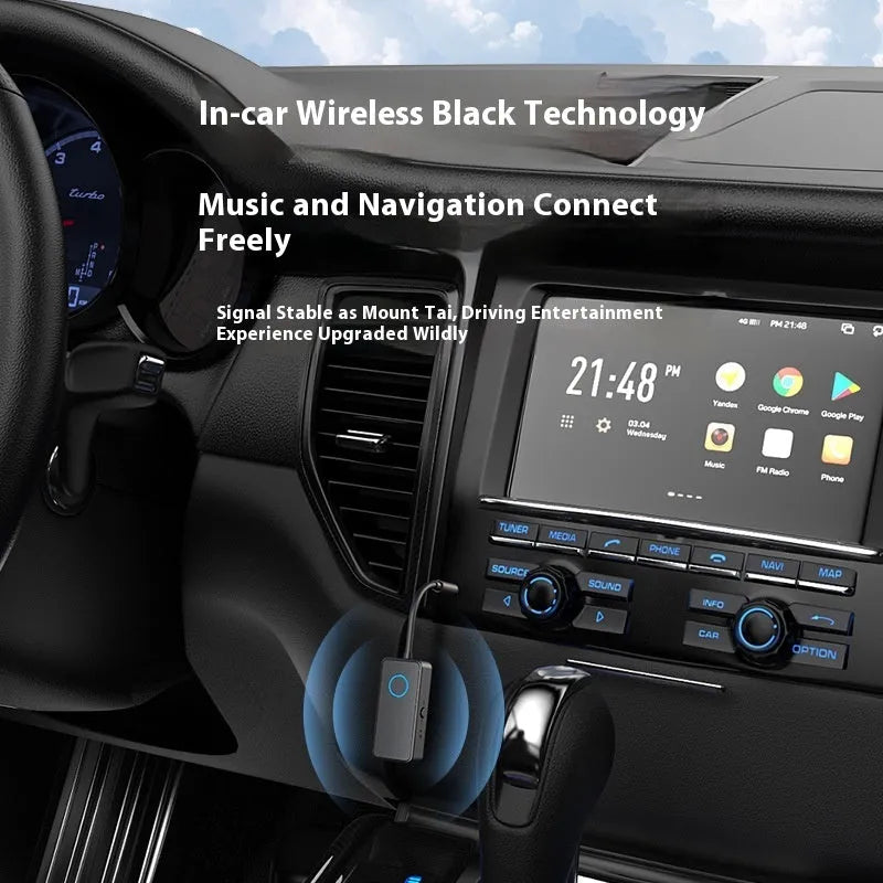 Black Bluetooth 5.4 audio adapter with a 3.5mm plug for wireless music streaming and calls.