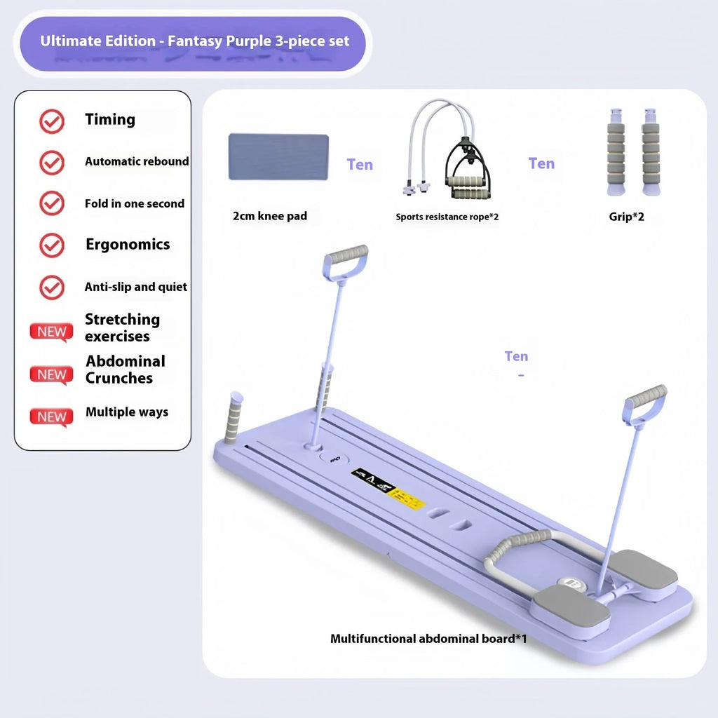 Purple automatic rebound abdominal exercise wheel on a grey floor for home fitness training.