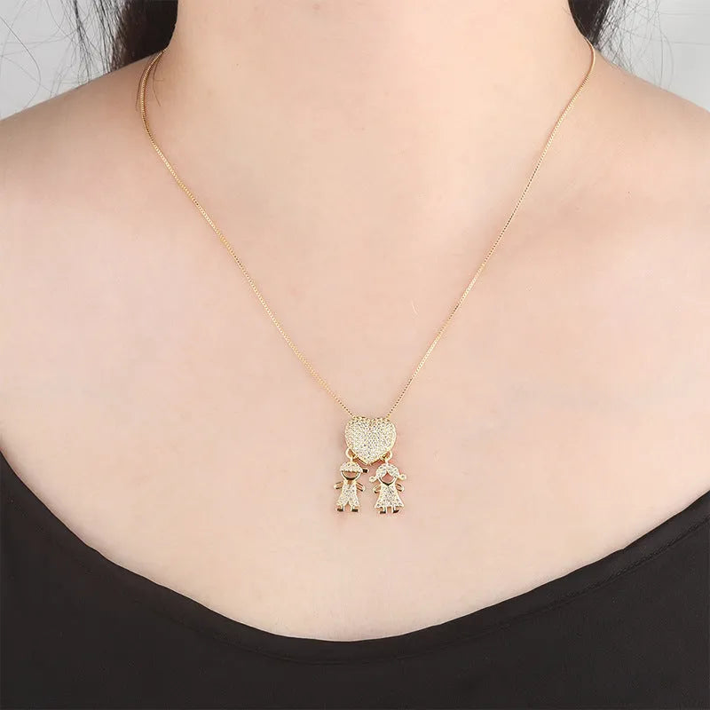 Gold colour heart-shaped cubic zirconia family pendant necklace on copper chain with style options for boys and girls