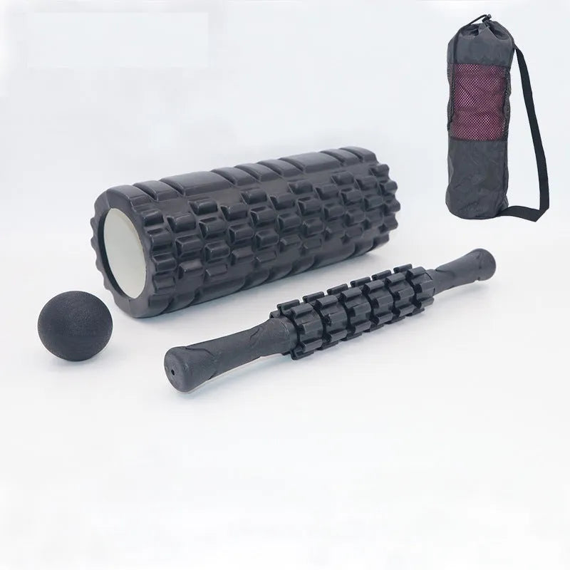 Black 33cm foam massage roller with six adjustable gear pieces for muscle recovery