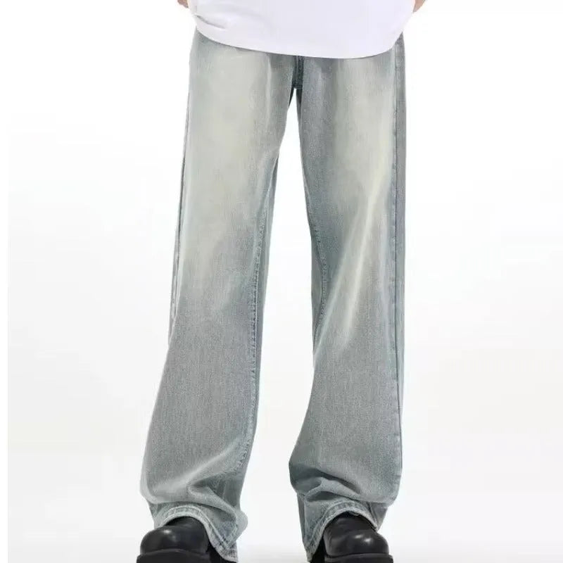 Blue retro-style loose casual trousers with an elastic waistband on a hanger.