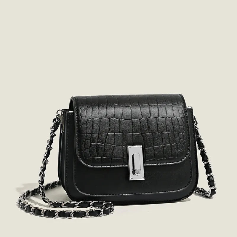 Women's black soft PU chain shoulder bag with square shape and cross-body strap.