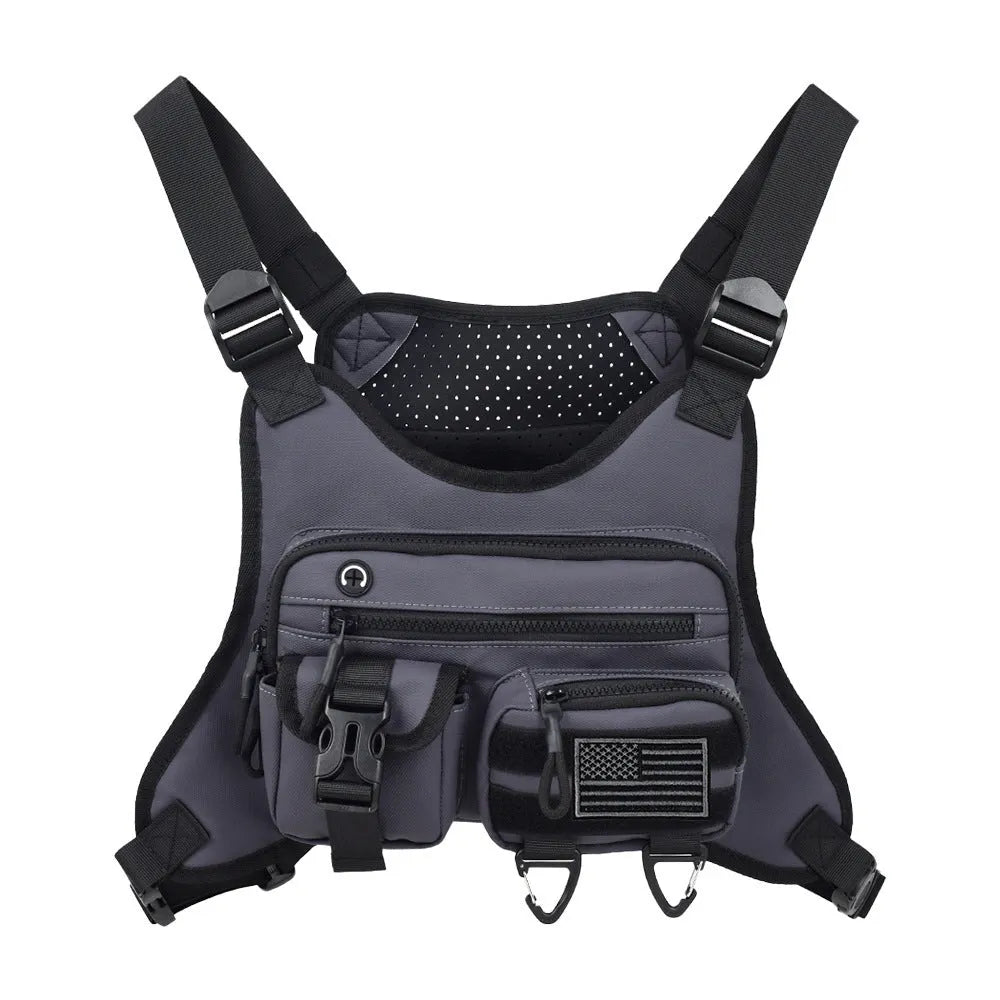 Men's chest bag in Oxford cloth with breathable vest design, shown in black colour